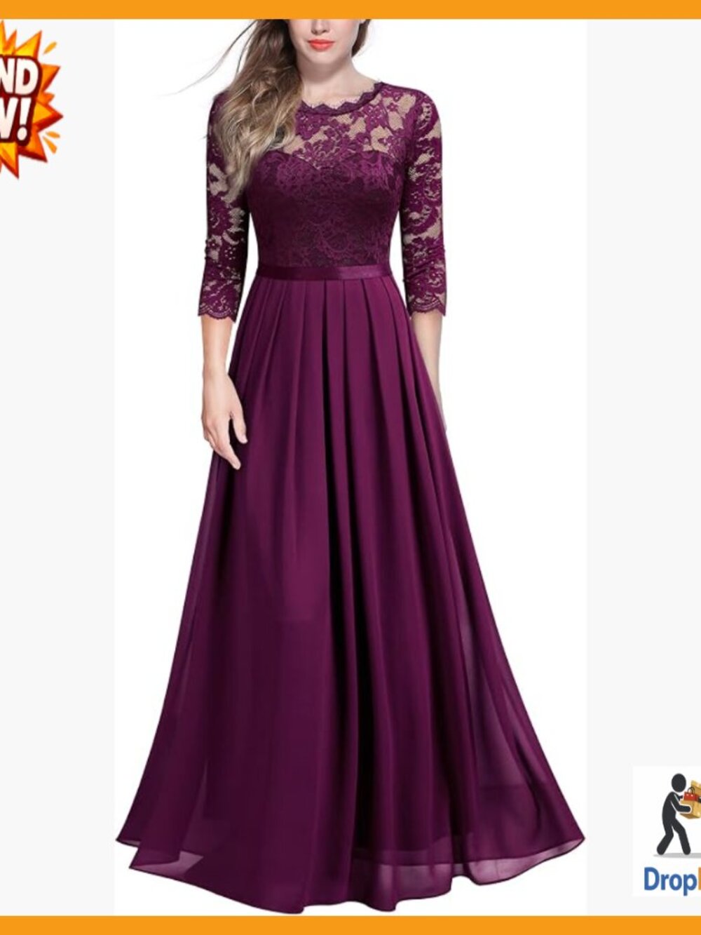 Elegant Floral Lace 3/4 Sleeve Bridesmaid Formal Maxi Dress